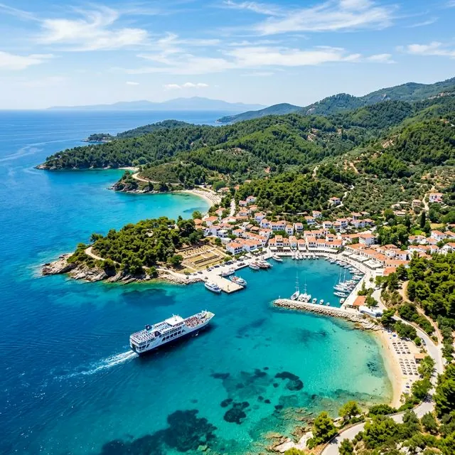 Limenas Thassos harbor with fishing boats and waterfront restaurants