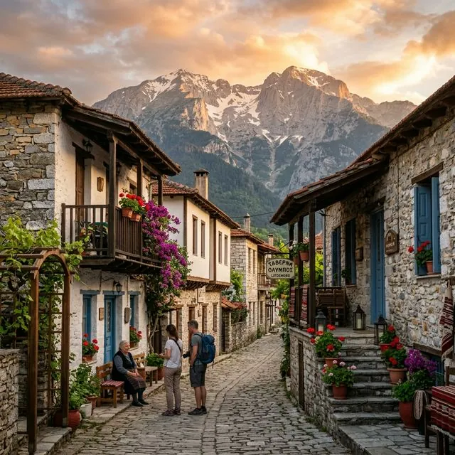 Litochoro village with traditional houses and Mount Olympus towering above
